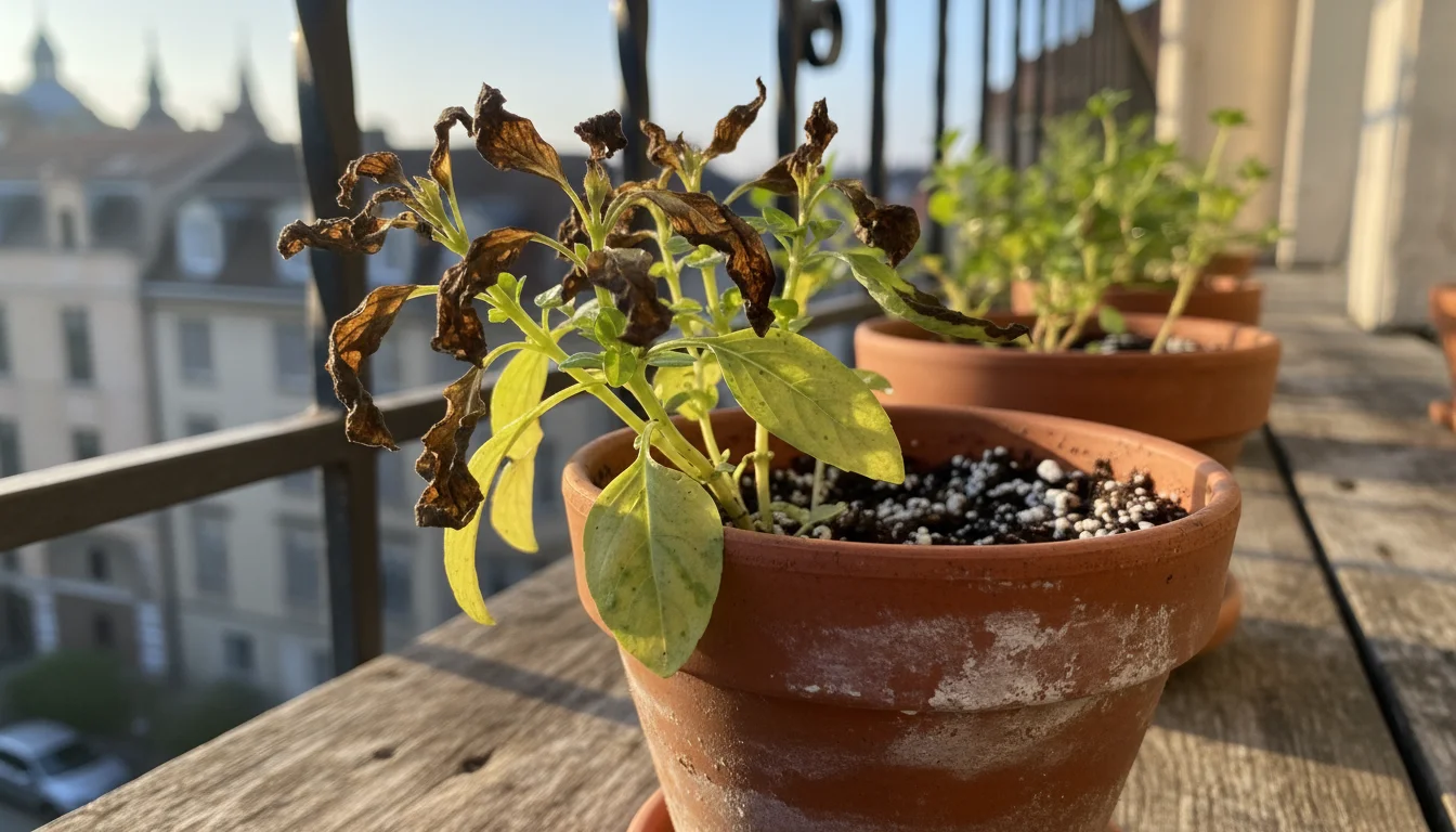 Close-up of a container basil plant with yellowing leaves and brown, crispy tips, indicating over-fertilization in a small balcony garden.