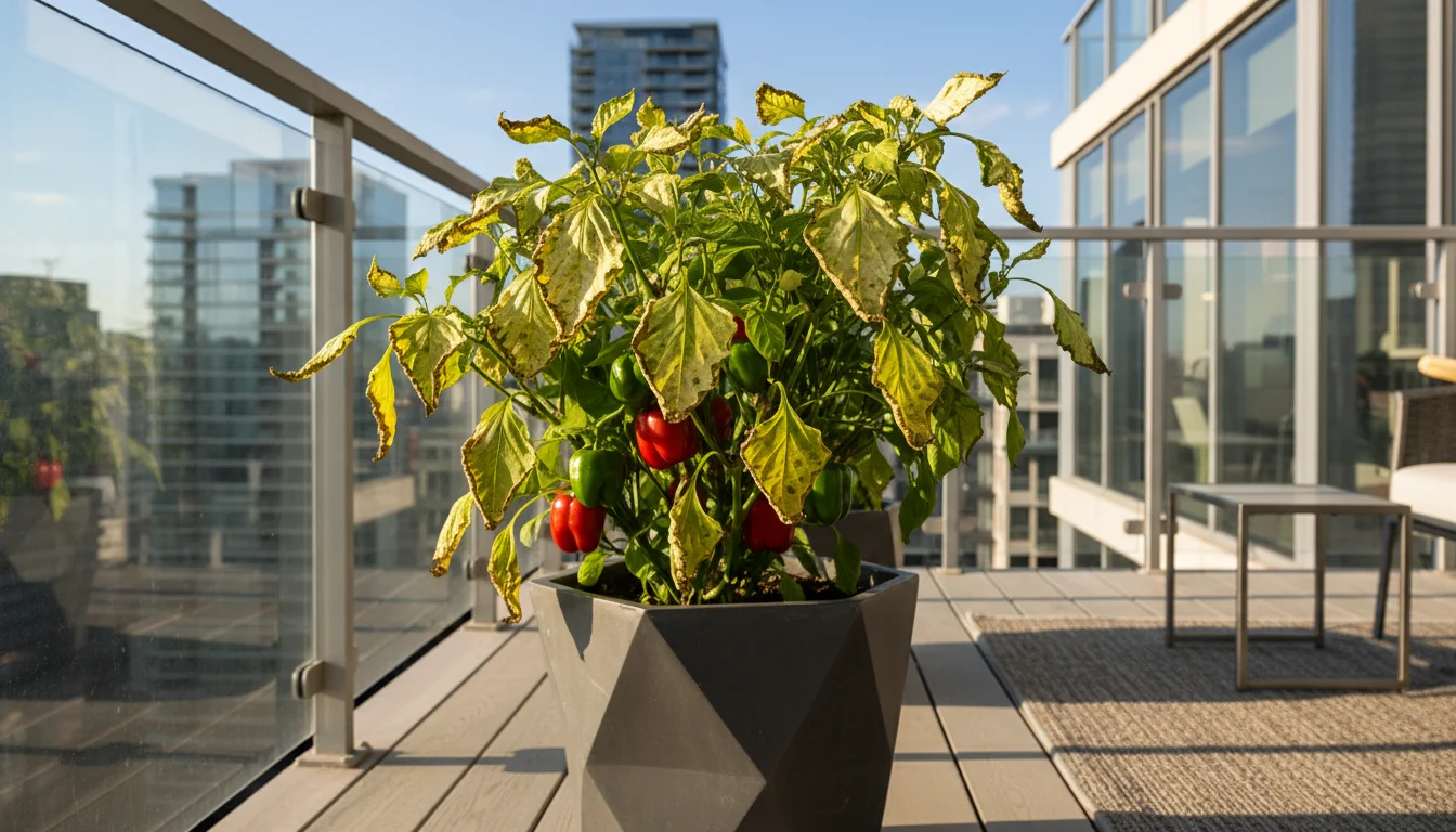 Close-up of a container bell pepper plant on a balcony showing sun-scorched leaves with pale yellow patches and crispy brown edges.