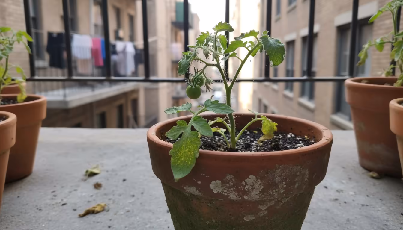 Close-up of a container cherry tomato plant on a balcony, showing subtle yellow stippling, fine webbing, and tiny aphids on leaves.