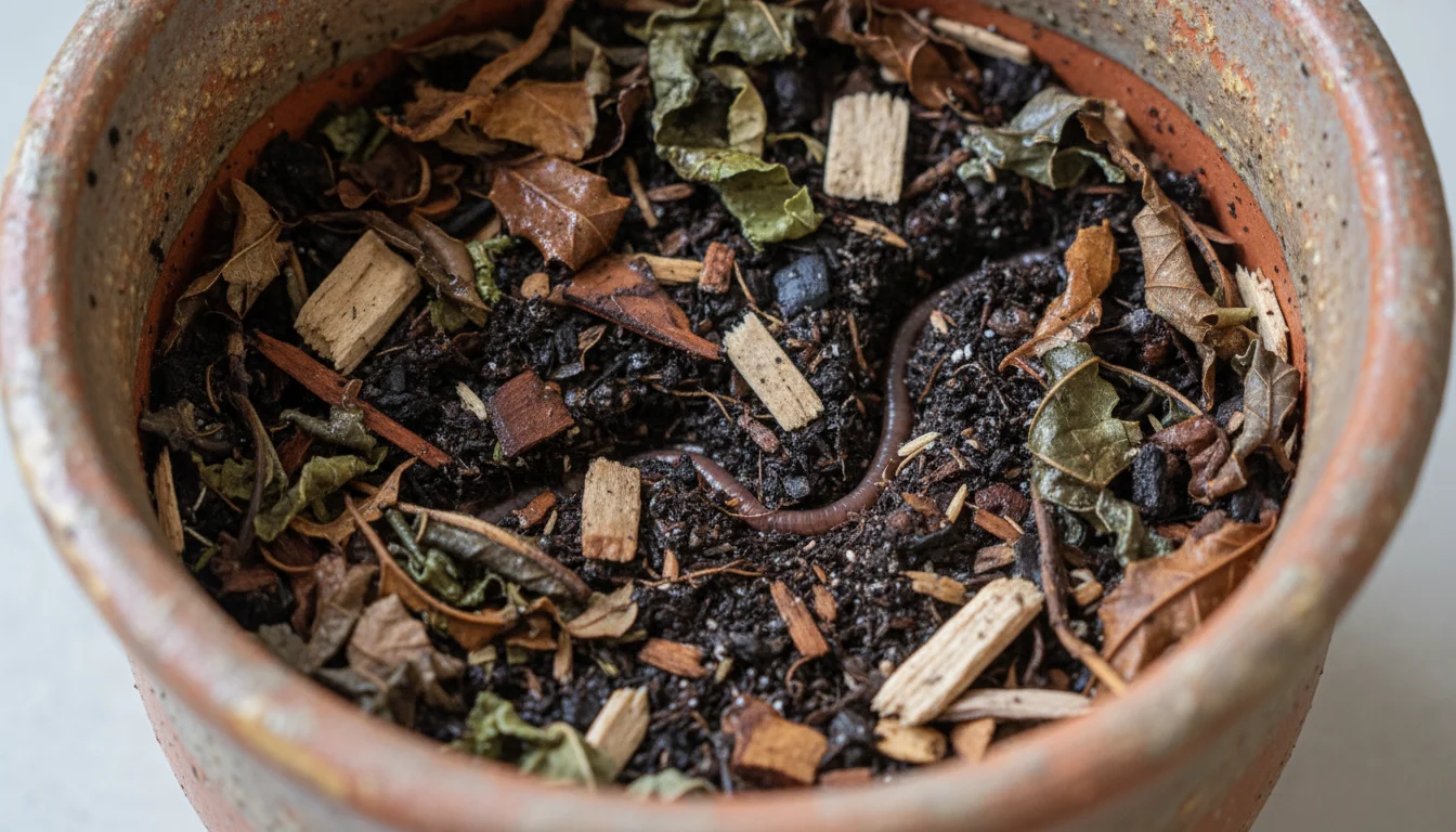 Close-up macro view into a container showing damp, decomposing organic mulch over rich, dark, crumbly soil, with subtle signs of soil biology.