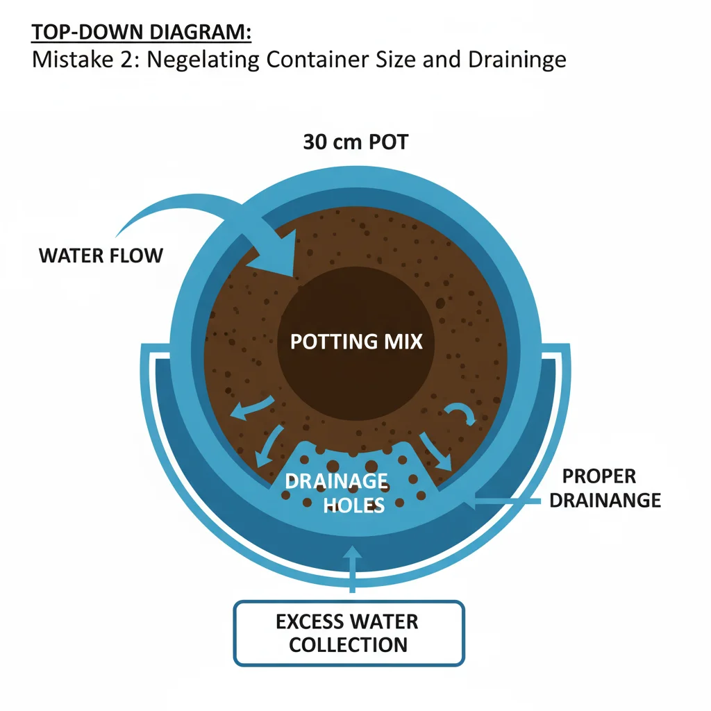 Container drainage diagram: 30cm pot, soil, & drainage layer with water flow arrows.