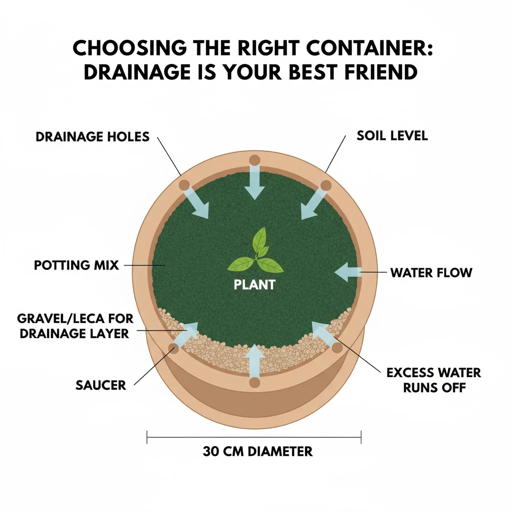 Container drainage diagram: 30cm pot with soil, water flow arrows, & drainage holes.