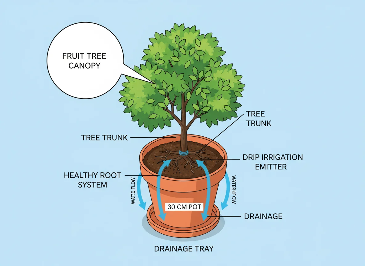 Container fruit tree diagram: 30cm pot, tree, soil, water flow arrows, and legible labels.