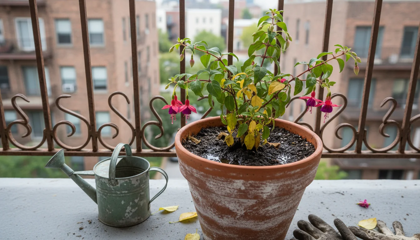 Slightly overhead shot of a container fuchsia on a balcony with yellow, droopy leaves and damp soil, hinting at overwatering.