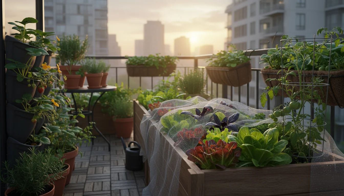 A container garden on a balcony with vibrant lettuce, partially covered by a translucent garden fleece for frost protection.
