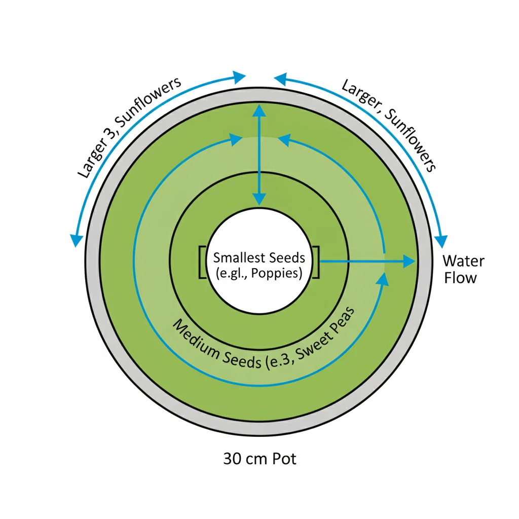 Container garden diagram: 30cm pot, flower seeds spaced evenly. Arrows indicate water flow through soil.