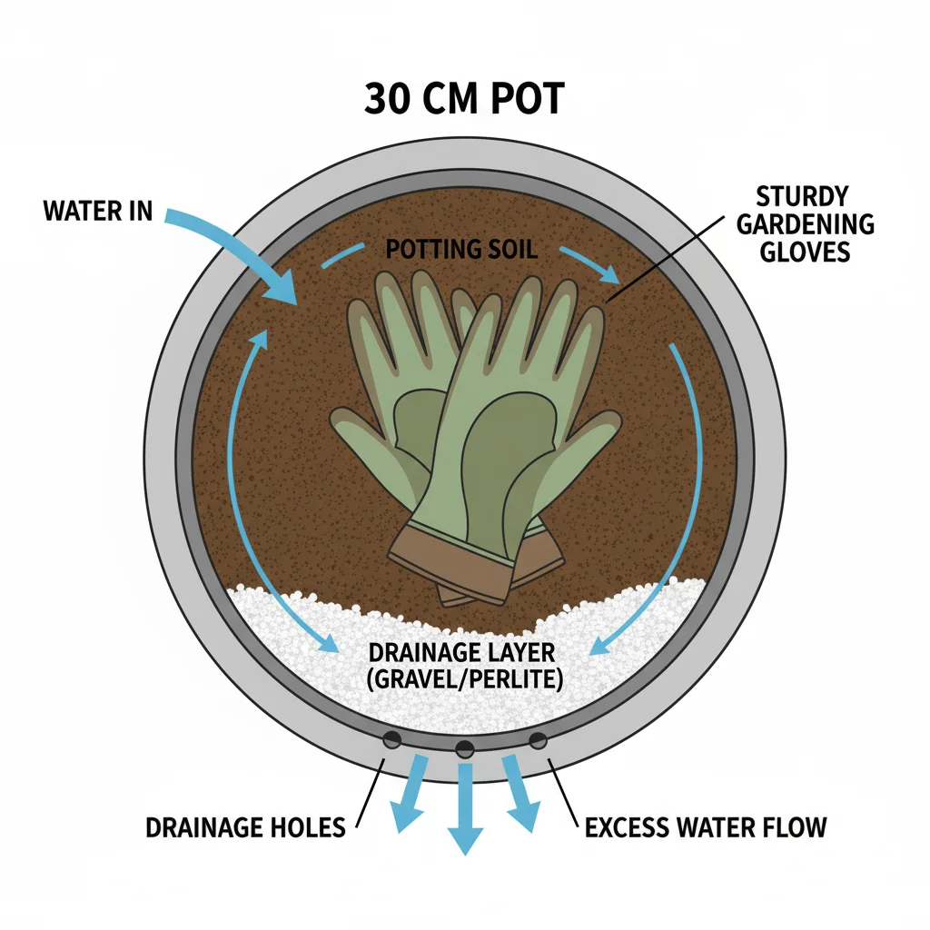 Container garden diagram: 30cm pot, soil layers, water flow arrows, and gardening glove for scale.