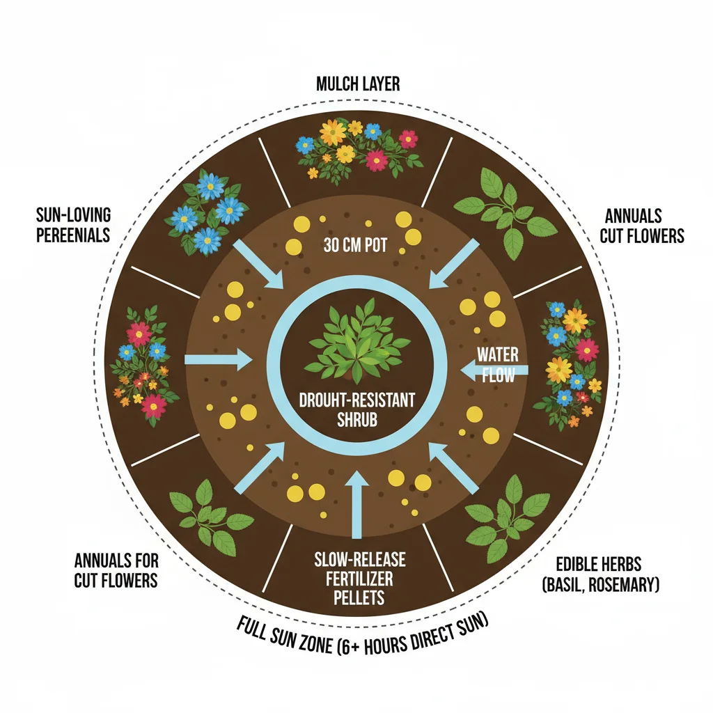 Container garden diagram: 30cm pot, soil, plant, water flow arrows, full sun zone.