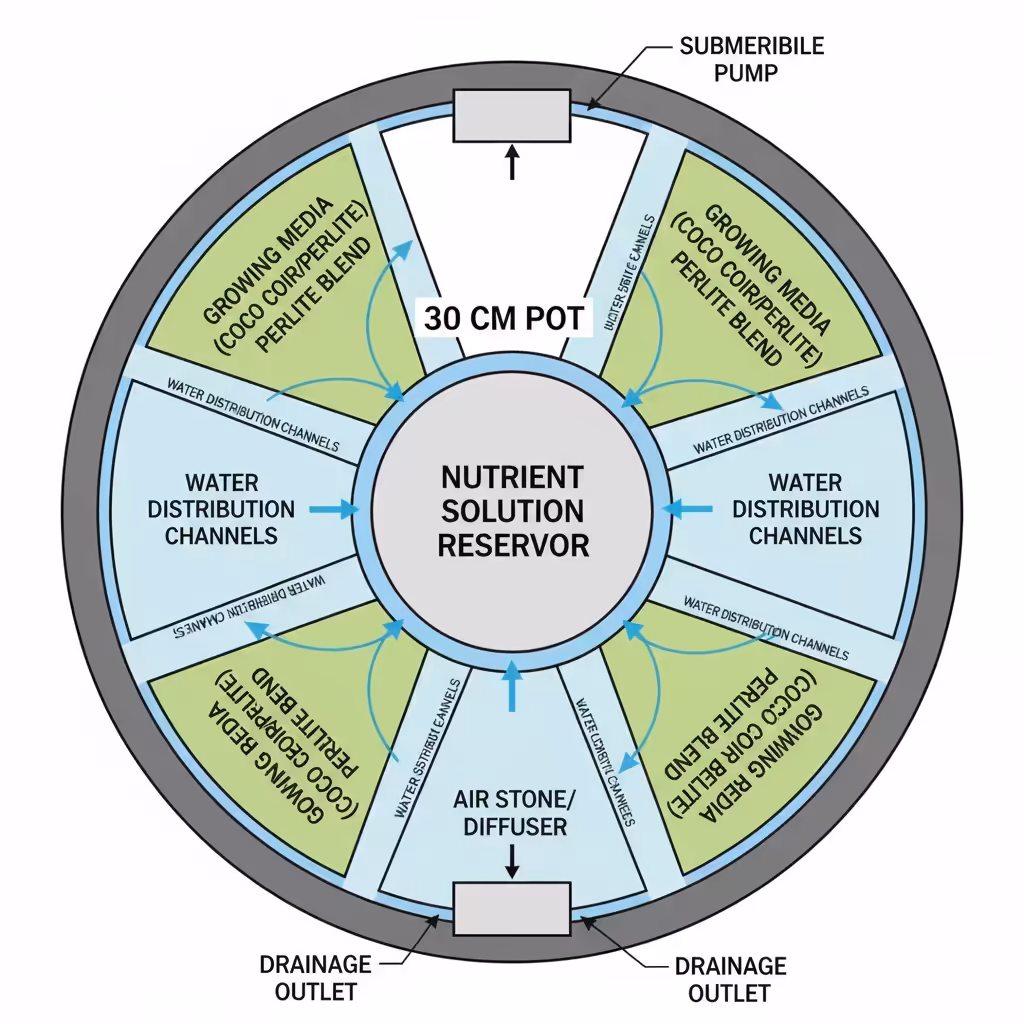 Container garden diagram: spacing for plant growth in a 30cm pot, arrows for water flow, clean labels.