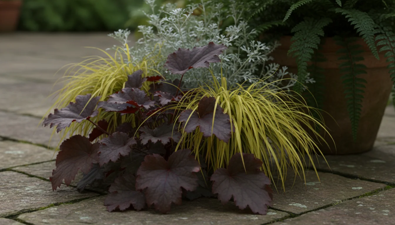 A close-up of a container garden on a patio, showing contrasting burgundy Heuchera, chartreuse grass, silver Artemisia, and a dark green fern.