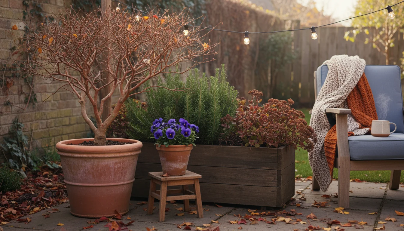 Container garden on a patio in late autumn, featuring a small tree with interesting bark, evergreen herbs, and pansies.