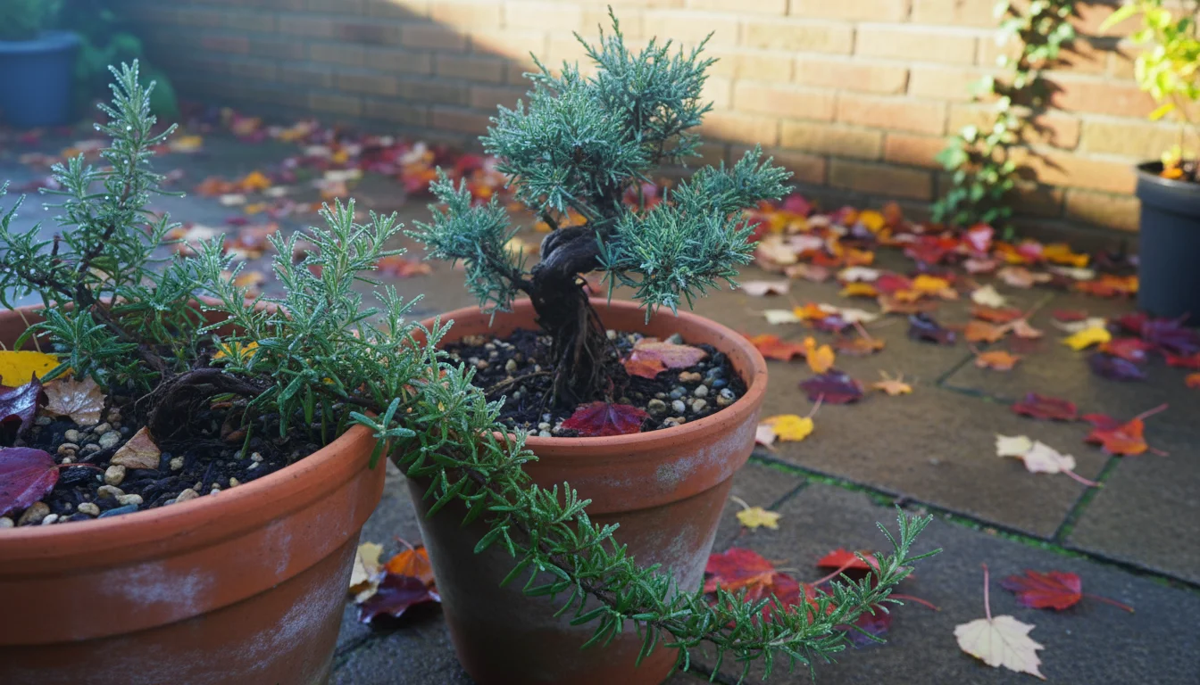 Close-up of a container garden featuring rosemary, a dwarf conifer, and damp autumn leaves in terracotta pots on a patio.