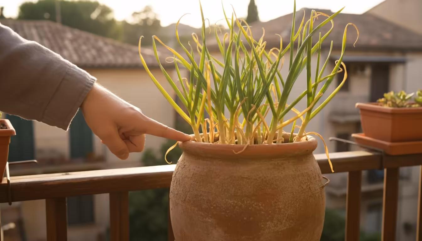 A close-up of container garlic on a balcony. Lower leaves are yellowing, while upper leaves are green, with a hand pointing to the color transition.