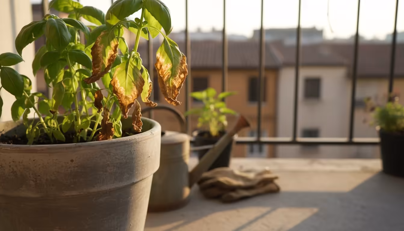 Container-grown basil plant on a balcony with severe fertilizer burn, leaves turning brown and crispy at edges. A blurred hand hovers near.