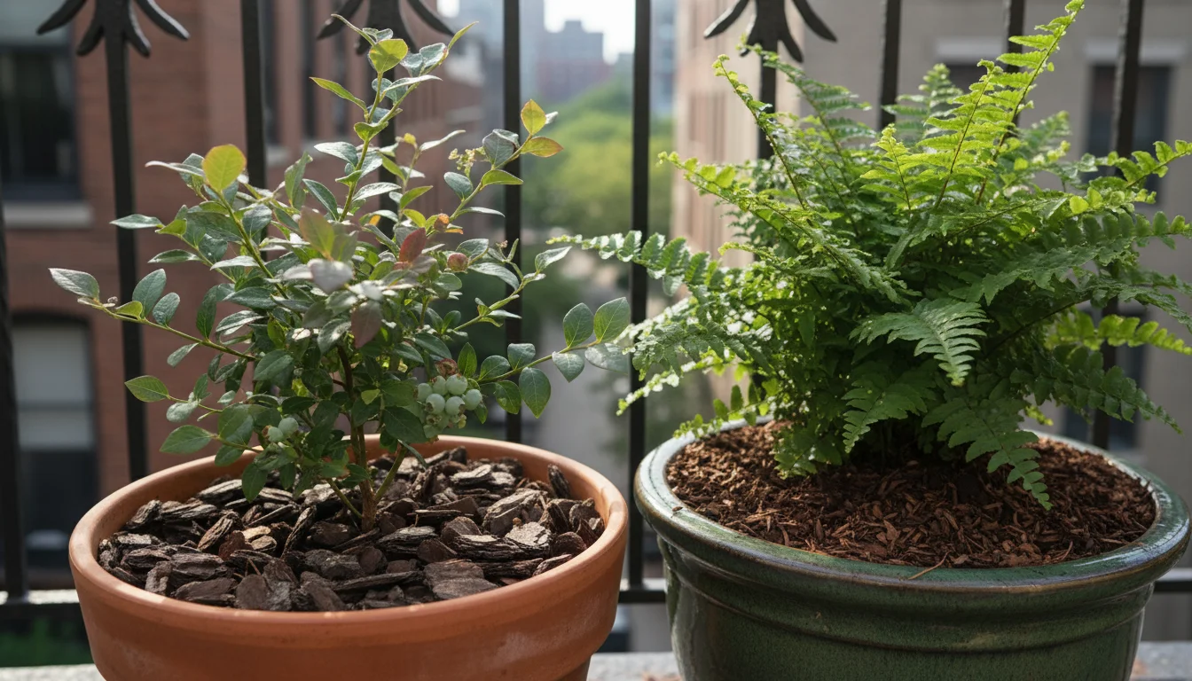 Close-up of a container-grown blueberry bush mulched with pine bark next to a container-grown fern with shredded leaf mulch on a balcony.
