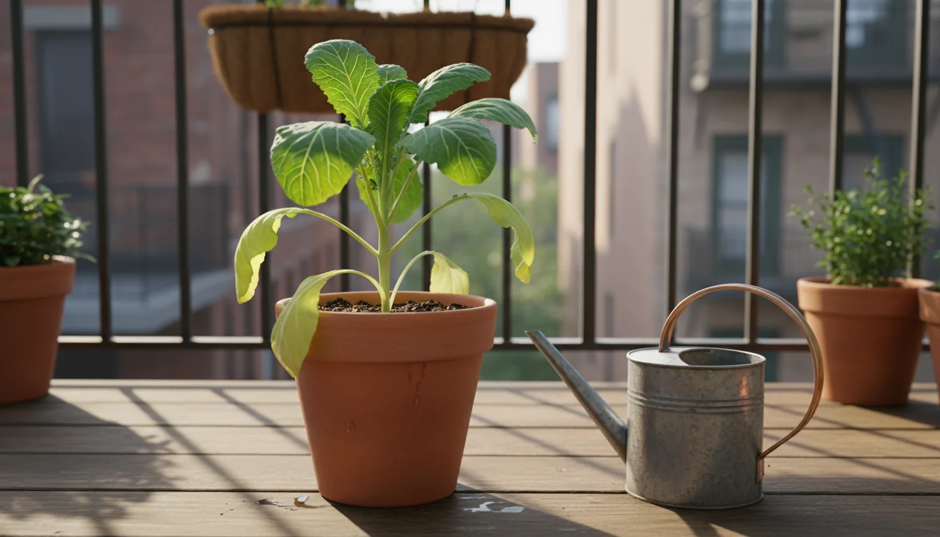 Container-grown collard greens on a balcony with lower leaves yellowed and newer leaves showing yellowing between veins.