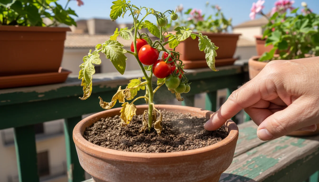 Close-up of a container-grown 'Micro-Tom' tomato plant with yellowed lower and upper leaves, a hand gently checks the soil moisture.