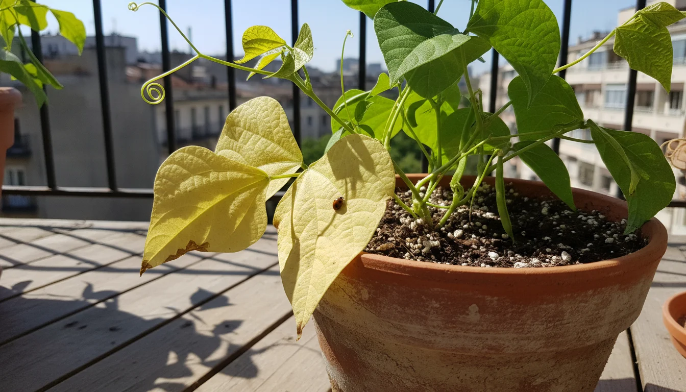 Close-up of a container-grown vining bean plant on a balcony, showing several lower leaves that are distinctly yellow.