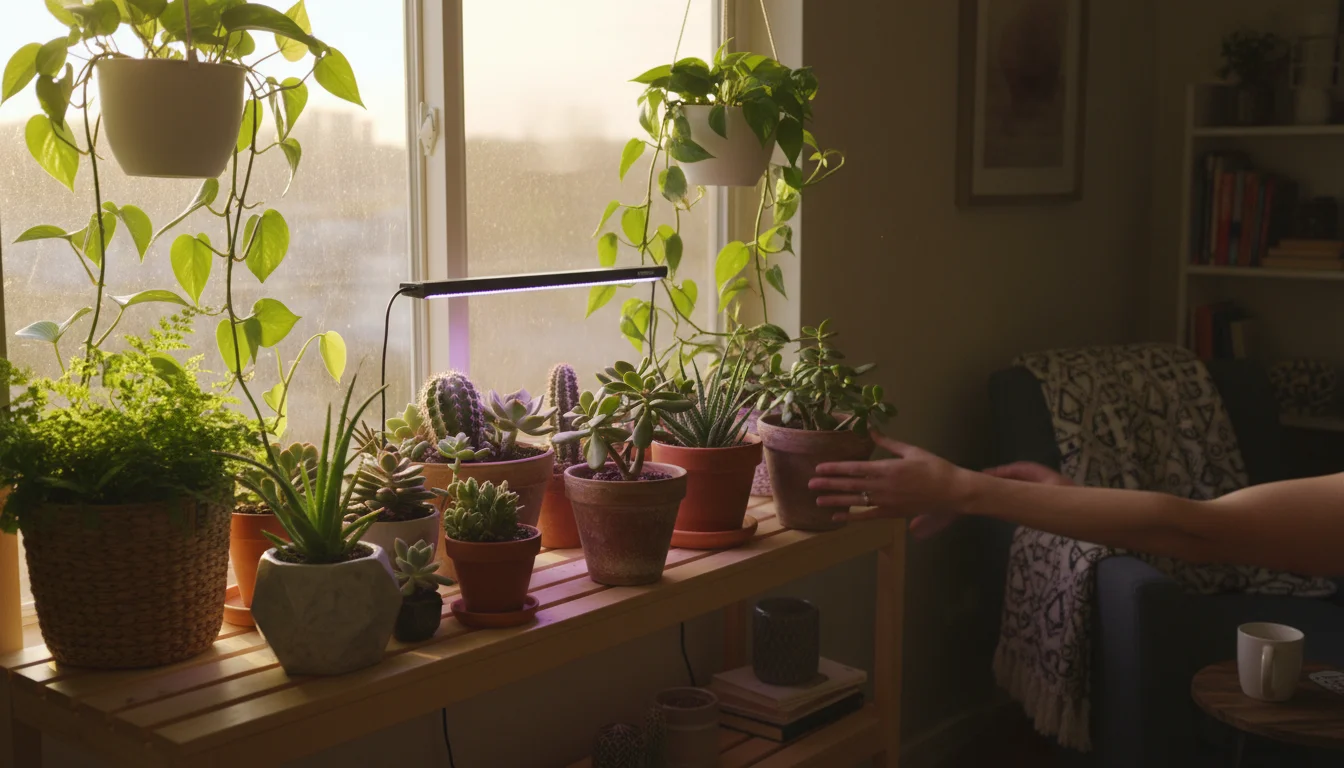 Container houseplants on a windowsill shelf with a small LED grow light. A hand rotates a pot for even light in a cozy apartment.