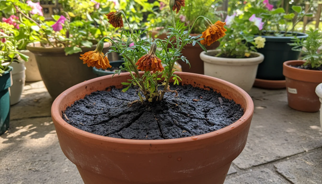 A close-up of a container marigold with damp surface soil but subtly drooping leaves, indicating shallow watering.