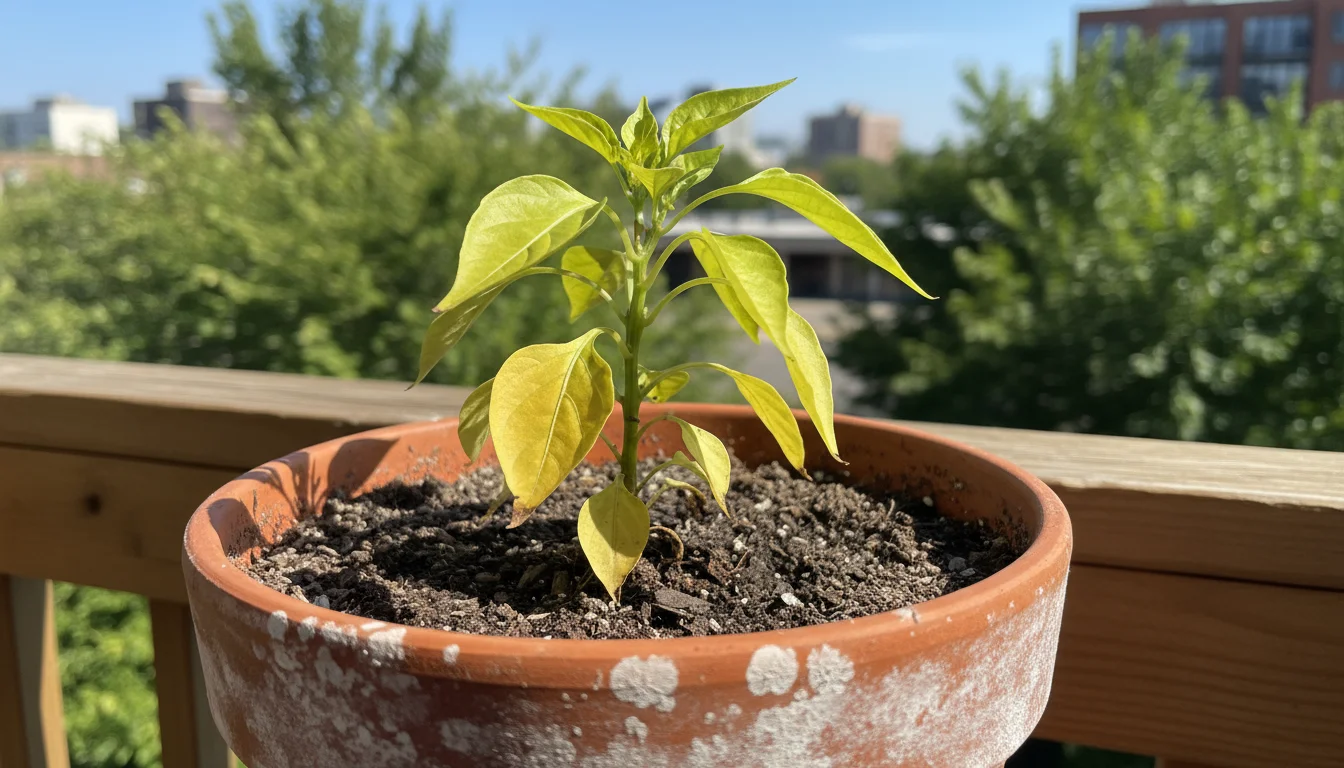 Close-up of a container pepper plant with several older, lower leaves turned yellow, indicating a nutrient deficiency.