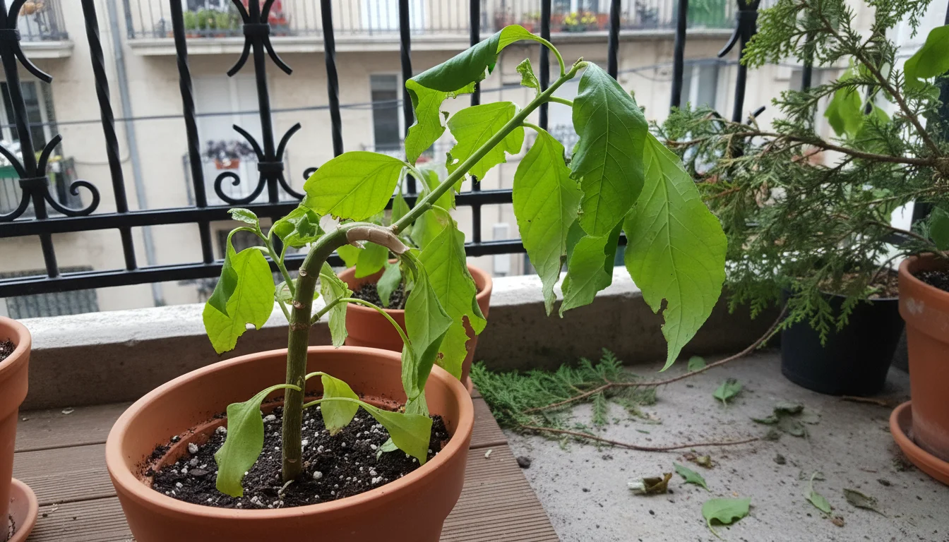 Close-up of a container plant on a balcony with a sharply bent stem and torn leaves, clearly showing wind damage.