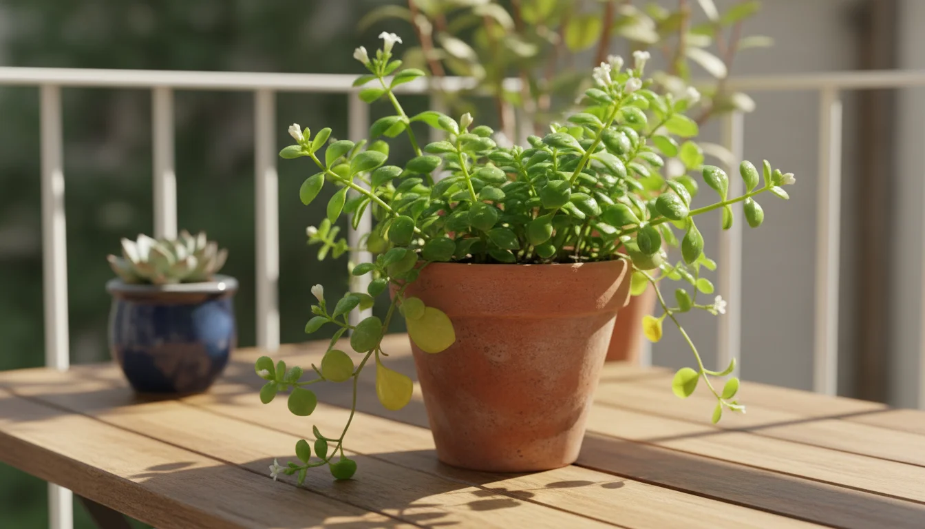 A container plant on a balcony table with a few subtly yellowing lower leaves and healthy new green growth above.