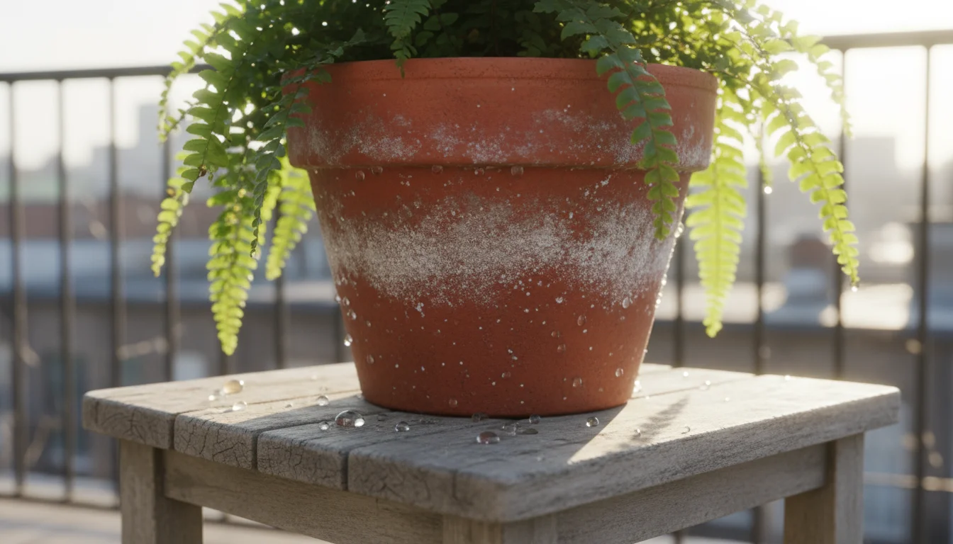 A close-up of a container plant on a balcony. White mineral deposits crust the pot rim and soil surface, where water beads.