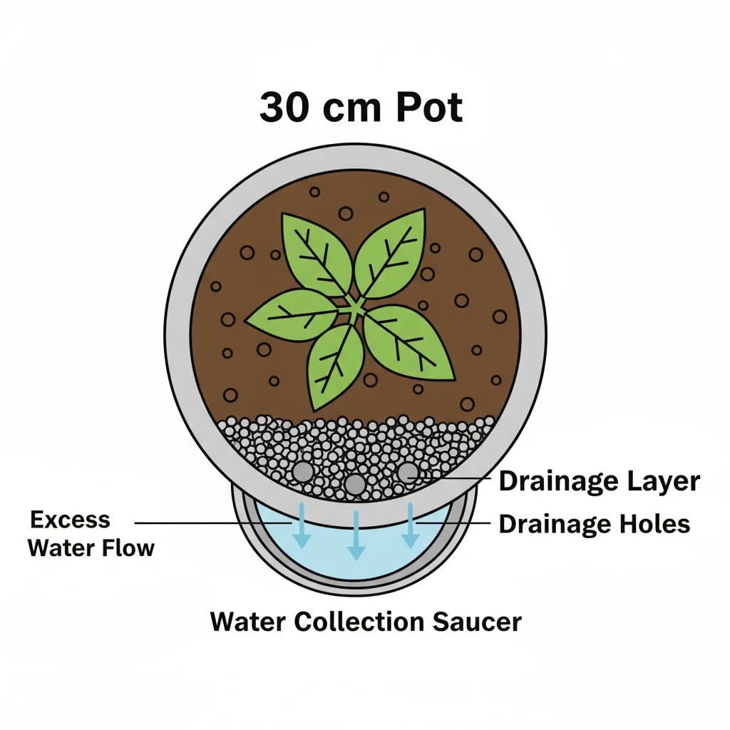 Container plant diagram: 30cm pot, drainage holes, and arrows showing water flow.