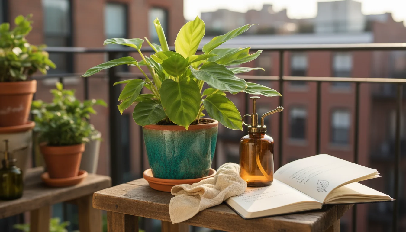 Close-up of a container plant recovering from pests, with healthy new leaves and old damaged ones. Beside it are an amber spray bottle and an open gar