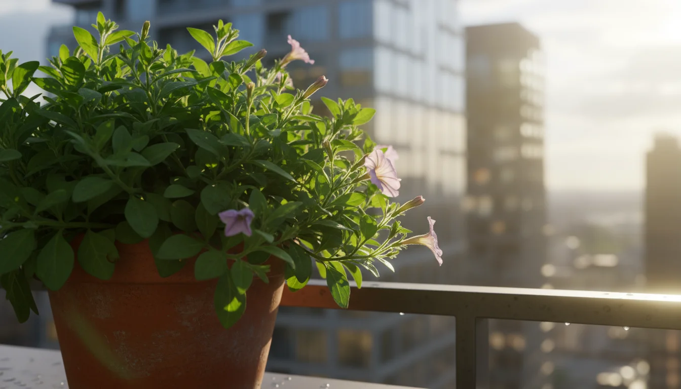 Close-up of a container plant on a sunny urban balcony showing lush green leaves but only a few small, pale flowers.