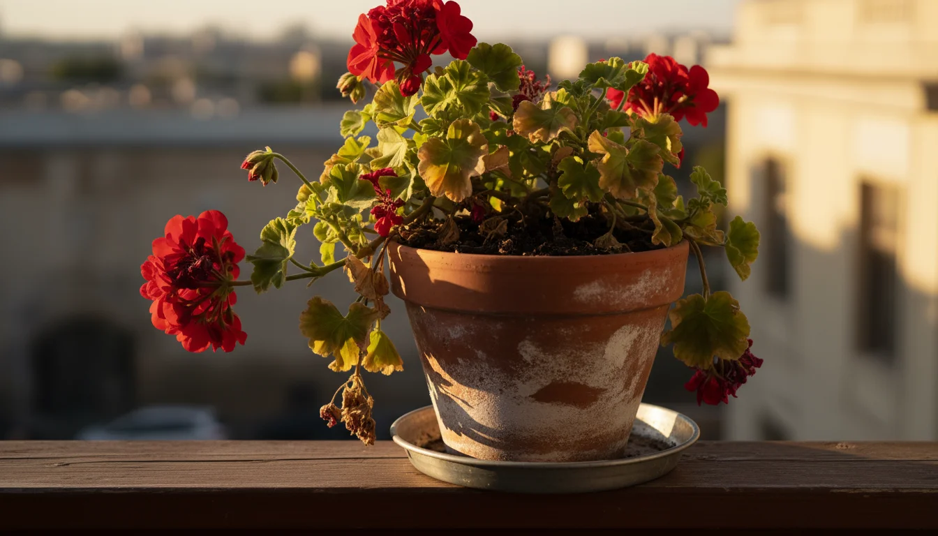 Close-up of a container plant in a terracotta pot on a sunny balcony, showing dry soil and subtle leaf droop due to heat.