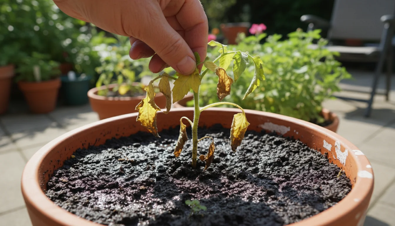 Close-up of a container plant showing yellowed, wilting leaves and visibly waterlogged soil, with a hand gently lifting a leaf.
