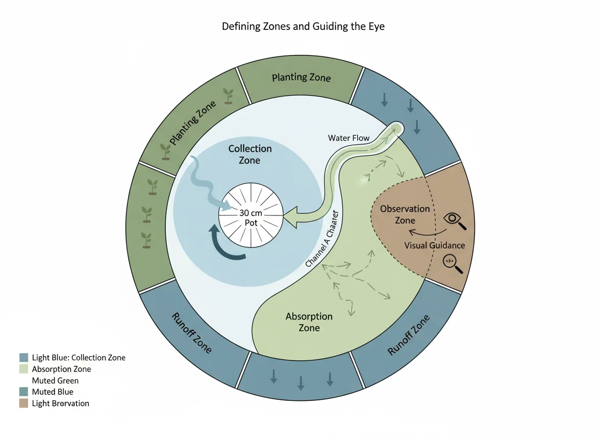 Container planting diagram: Water flows through soil in a 30cm pot, exiting drainage holes.