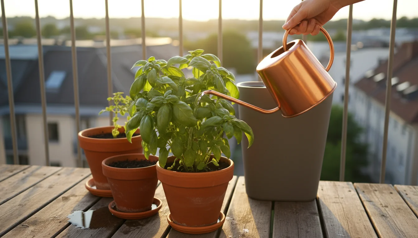 Elevated shot of container plants on a balcony at golden hour, showing saucers under pots and a self-watering planter. A hand waters herbs.