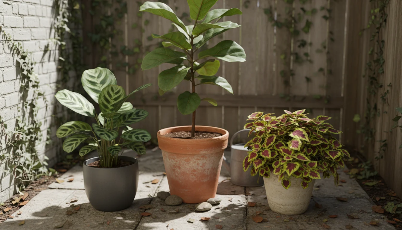Container plants, like a Fiddle Leaf Fig and Coleus, in terracotta pots, in a shaded corner of a small patio. A gloved hand gently checks a leaf.