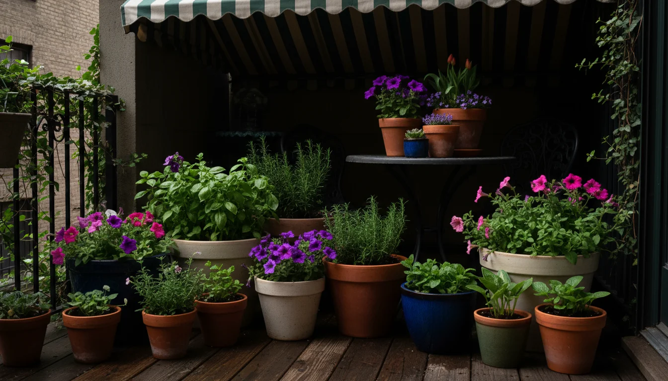 Container plants like petunias and herbs rest in a deeply shaded corner of a small, urban patio, beginning their hardening off process.