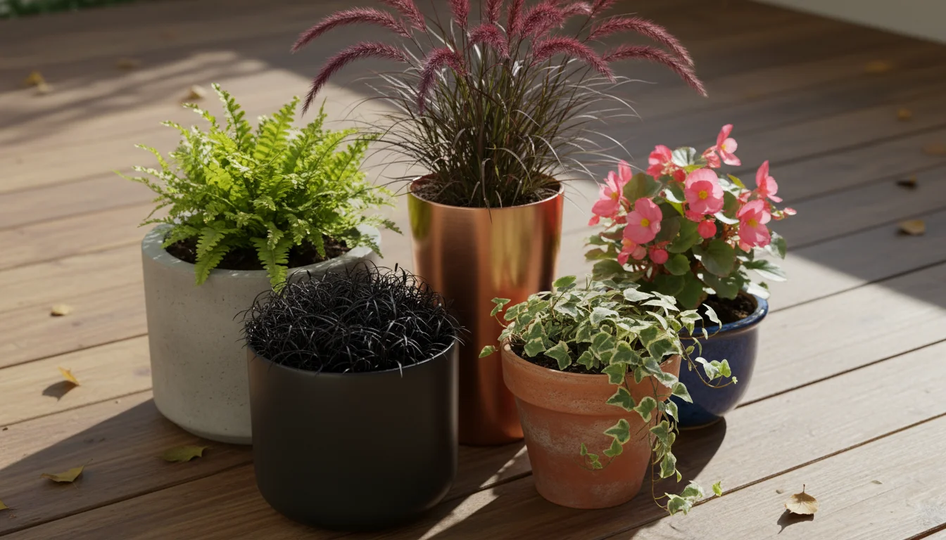A close-up of container plants on a patio, featuring dark Mondo Grass against bright chartreuse Sweet Potato Vine, with variegated coleus and a feathe