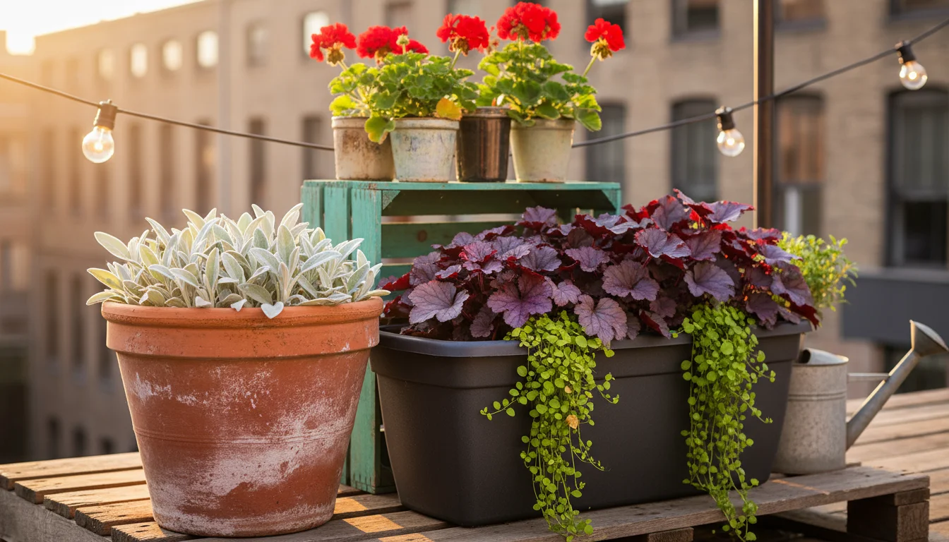 Close-up of container plants on a patio at sunset, showing silvery lamb's ear, purple heuchera, and green creeping Jenny.