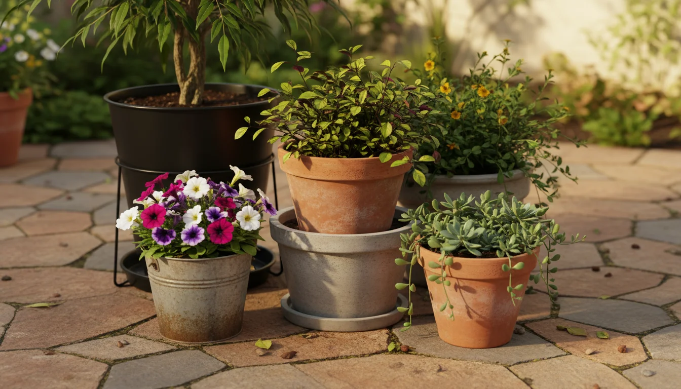 Close-up of container plants on a patio, showing a terracotta pot inside a larger cachepot and another with pea gravel mulch, catching sunlight.