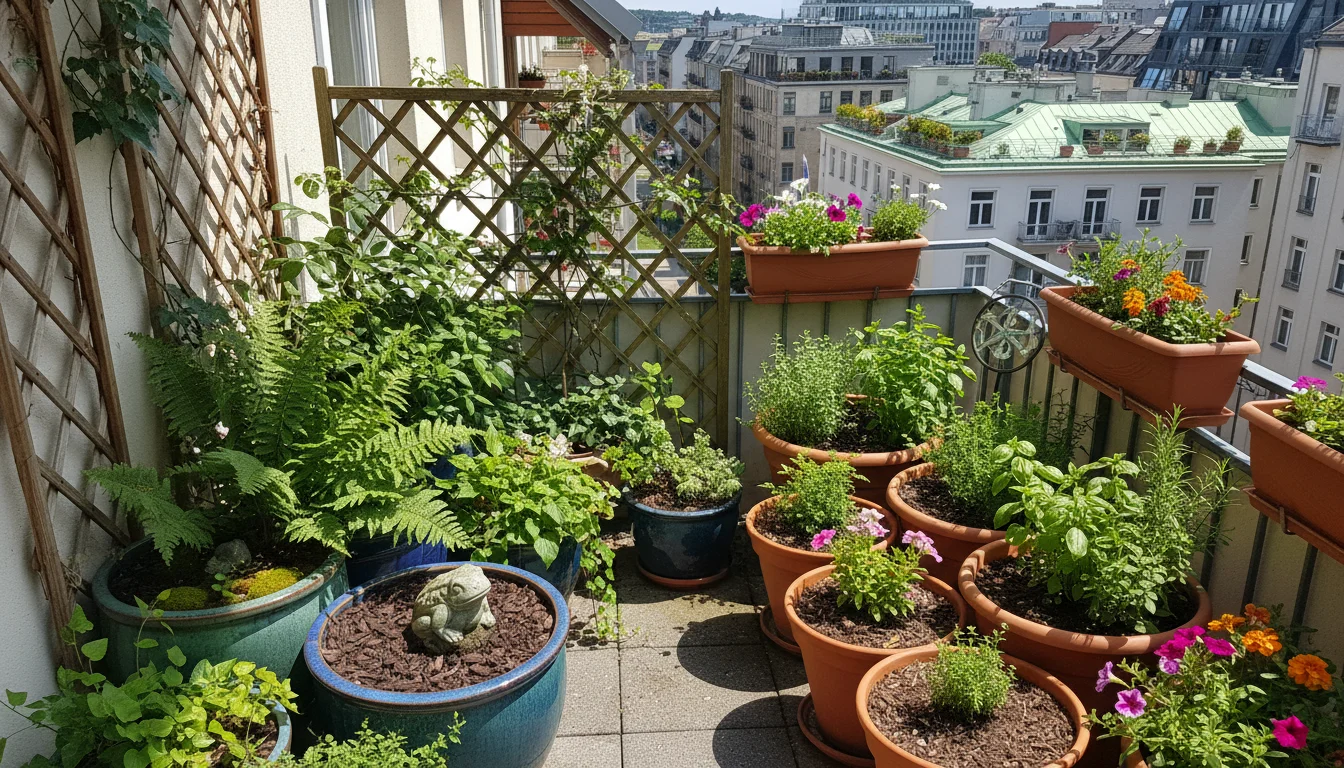 Container plants on an urban balcony. Pots in direct sun have dry soil & vibrant leaves; pots in dappled shade have moist soil & lush foliage.
