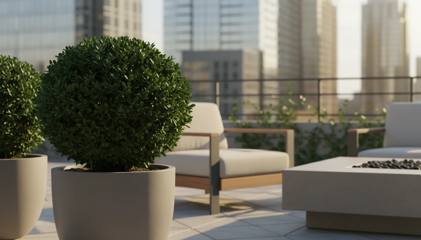 A container shrub on a patio, severely sheared into an unnatural, dense ball, showing no flowers and hinting at a sparse, unhealthy interior.