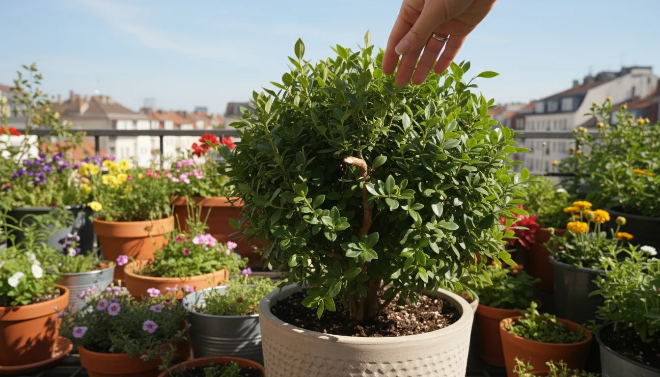 Close-up of a container shrub on a sunny balcony, showing a dried pruning stub. A hand hovers above, observing the past mistake.