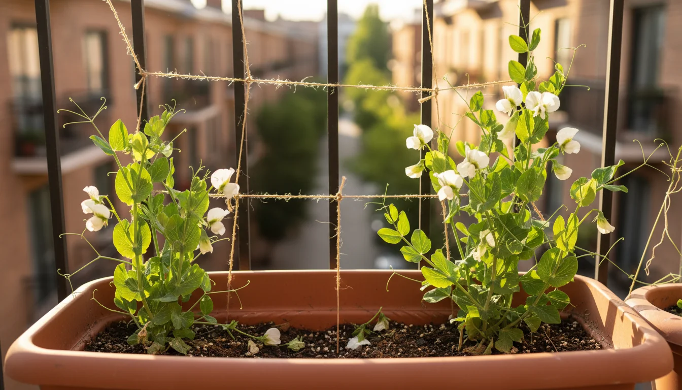 A container sugar snap pea plant with many white flowers but few pods, partially shaded by a DIY cloth on a sun-drenched urban balcony.