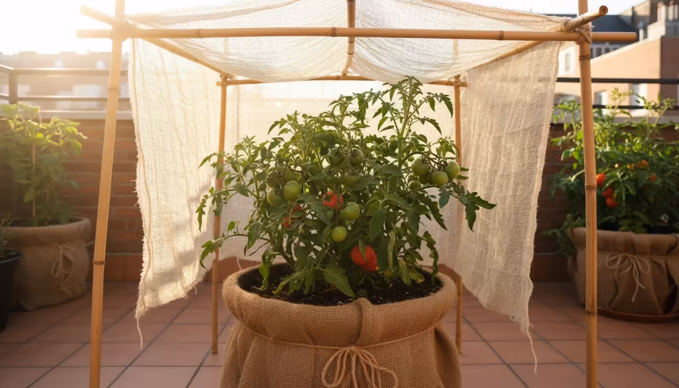 Container tomato plant on a sunny patio, with its dark pot wrapped in burlap and a pale shade cloth draped over bamboo stakes for heat protection.