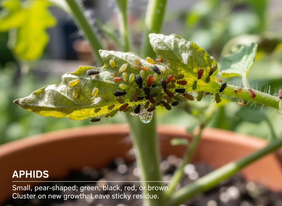 Container vegetable pests infographic: Aphids, spider mites, whiteflies, thrips, slugs. Shows insect ID & plant damage.