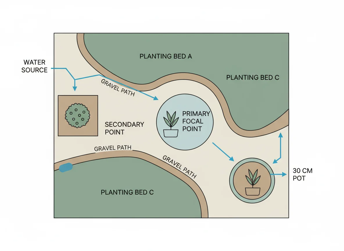 Container water flow diagram: water enters top, flows through soil, exits drainage holes at bottom of 30 cm pot.