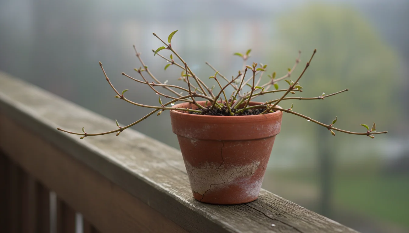 Close-up of a containerized hardy fuchsia plant on a balcony railing, showing tiny reddish-green buds unfurling on woody stems.
