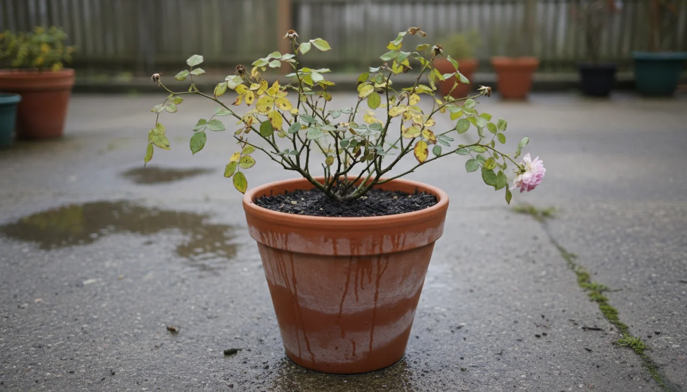 Containerized perennial shrub on a damp patio with yellowing, wilting leaves and visibly waterlogged soil in its terracotta pot.