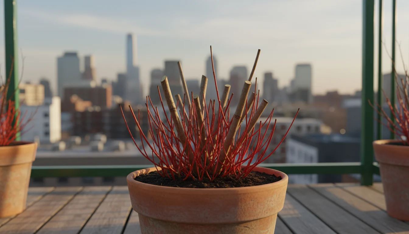 Containerized red-twig dogwood on a balcony, vibrant new red shoots emerging after pruning, with older duller stems visible.